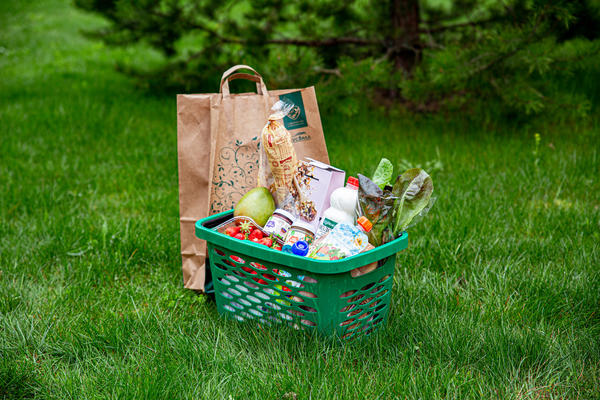 Корзина с продуктами на траве как символ загородной доставки e-grocery и дачного спроса
