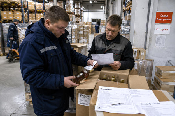 Сотрудники склада проверяют документы и партию коньяка перед отгрузкой на фоне коробов с алкогольной продукцией