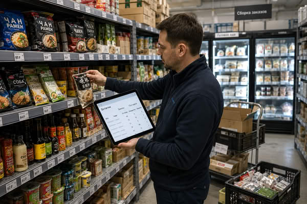 Специалист e-grocery сверяет остатки и ассортимент азиатских продуктов на полке с данными на планшете