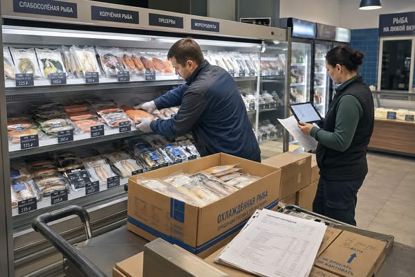 Сотрудники рыбного магазина принимают поставку и размещают продукцию в охлаждаемой витрине