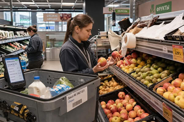 Сотрудник супермаркета отбирает яблоки для онлайн-заказа продуктов