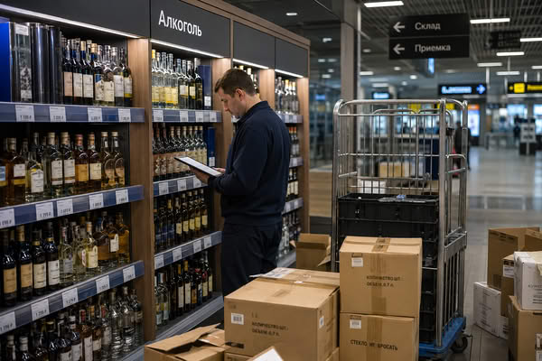 Сотрудник duty free в аэропорту сверяет алкогольную продукцию и товарные остатки на фоне стеллажей и коробок