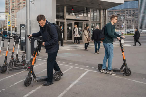 Пользователи электросамокатов у организованной парковки рядом со станцией городского транспорта
