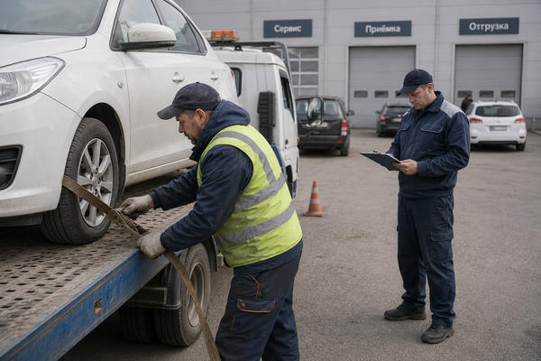 Оператор закрепляет автомобиль на платформе эвакуатора у автосервиса, транспортная логистика
