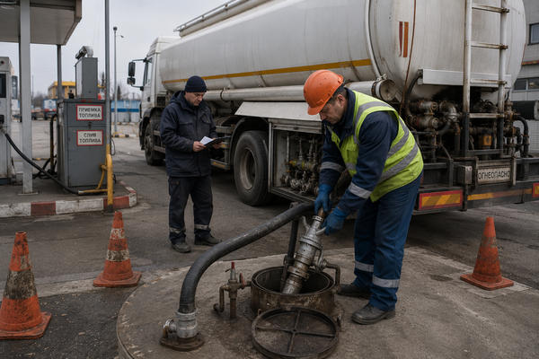 Слив топлива из автоцистерны на региональной АЗС при поставке топлива Евро-3
