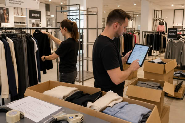 Сотрудники fashion-магазина сверяют остатки и упаковывают одежду при сокращении офлайн-точки