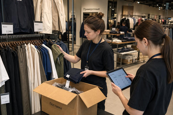 Сотрудники fashion-магазина в ТЦ проверяют ассортимент и остатки товара перед выкладкой