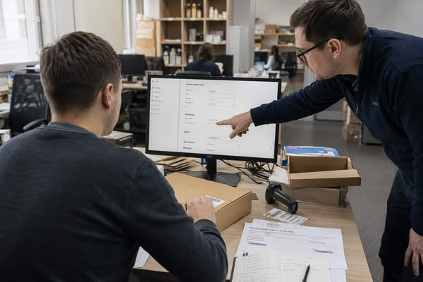 Сотрудники e-commerce-команды проверяют карточку товара и параметры доставки для маркетплейса