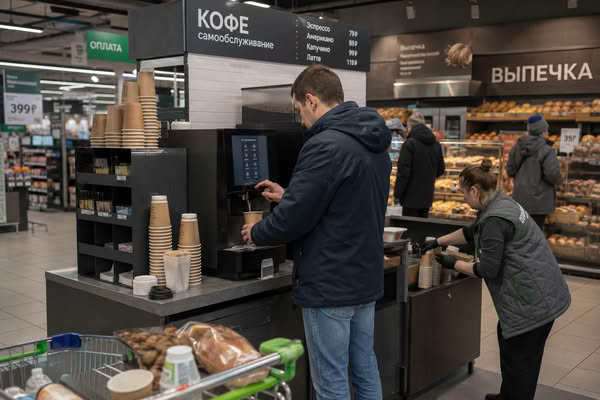 Покупатель и сотрудник у кофе-пойнта самообслуживания в продуктовом магазине