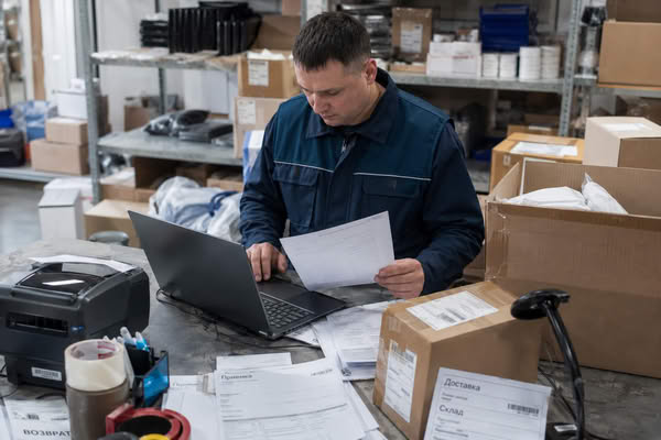 Сотрудник e-commerce-продавца сверяет накладные и расчеты по НДС для селлеров на УСН перед отправкой товаров на маркетплейс