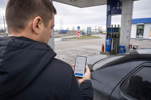 Водитель проверяет на смартфоне актуальность АЗС перед заездом на станцию у федеральной трассы в России