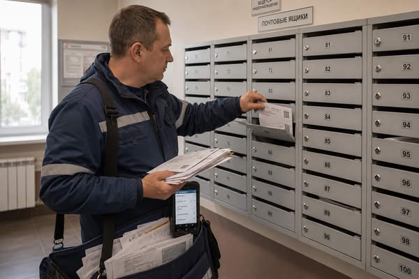 Сотрудник почтовой службы сортирует письма и квитанции у почтовых ящиков в жилом доме на фоне реформы доставки Почты России