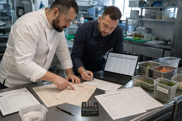 Шеф-повар и управляющий ресторана пересчитывают меню и себестоимость блюд на кухне