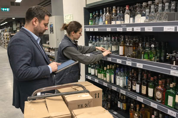 Сотрудники супермаркета обновляют ассортимент алкоголя на фоне изменения структуры продаж в России