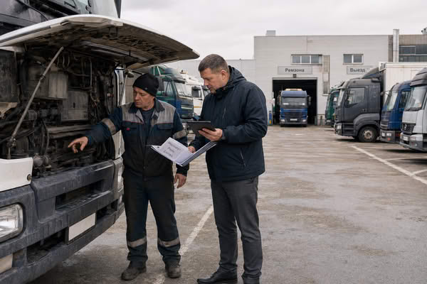 Руководитель автопарка и механик осматривают грузовой тягач на стоянке транспортной компании