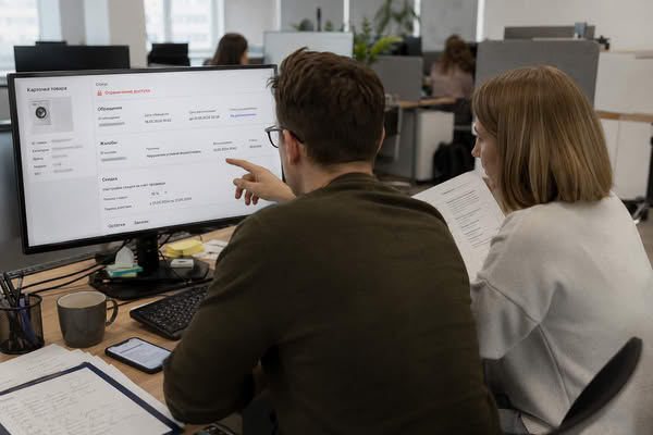 Сотрудники e-commerce проверяют блокировку карточки товара и статус обращения селлера в системе маркетплейса