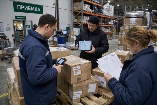 Сотрудники склада маркетплейса сверяют товар селлера в зоне приемки, проверяют документы и сканируют коробки со штрихкодами
