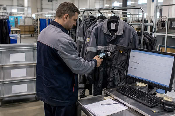 Сотрудник текстильного сервиса сканирует RFID-метку на спецодежде для цифрового учета и контроля обслуживания