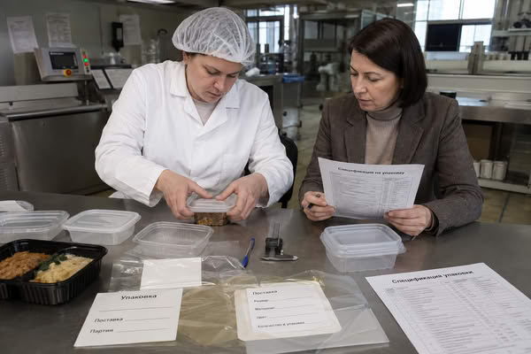Технолог и специалист по закупкам проверяют упаковку готовой еды перед запуском серийного производства