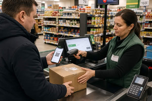 Сотрудник магазина принимает возврат заказа Яндекс Маркета по QR-коду на кассе продуктового магазина