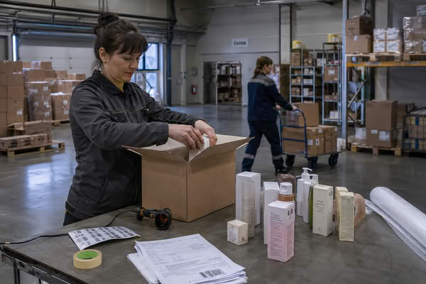 Комплектация косметической продукции на складе бренда перед отгрузкой в разные каналы продаж