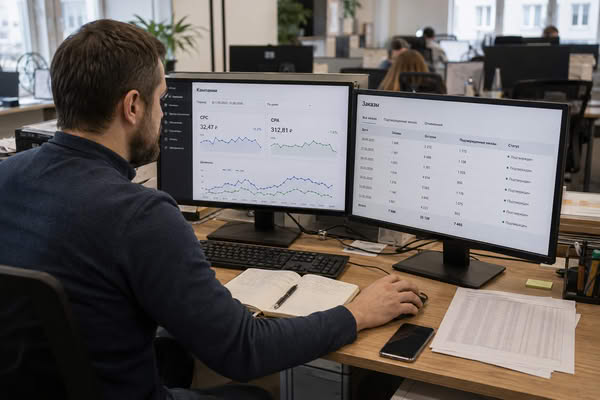 Менеджер e-commerce сопоставляет CPC и CPA с данными по заказам и запасам на двух рабочих мониторах