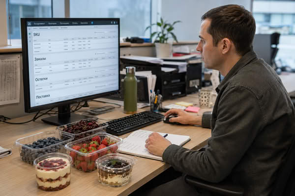 Категорийный менеджер e-grocery сверяет ягодные SKU, заказы и остатки для планирования ассортимента и запасов