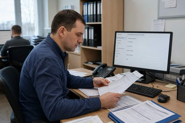 Специалист по транспортной логистике проверяет данные для оформления ЭТрН и сверяет электронные перевозочные документы
