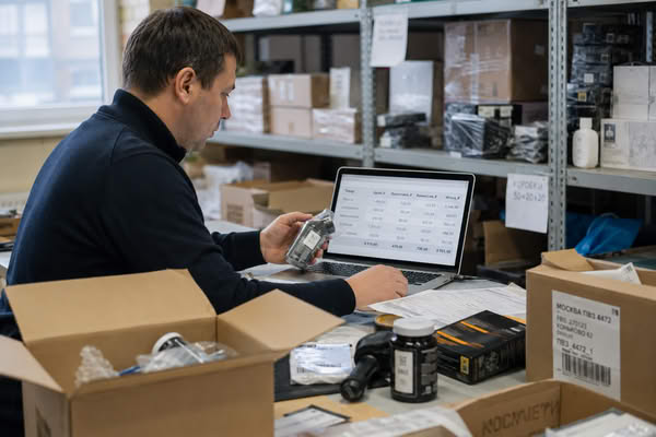 Продавец маркетплейса сверяет товар с расчетами комиссии и логистики перед отгрузкой заказов