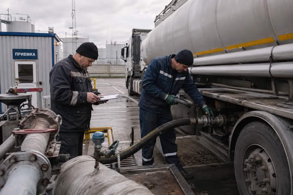 Приемка поставки топлива из автоцистерны на региональной нефтебазе при контроле логистики и документов