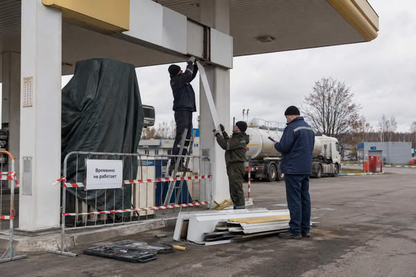 Рабочие демонтируют оформление временно закрытой независимой АЗС во время реконструкции