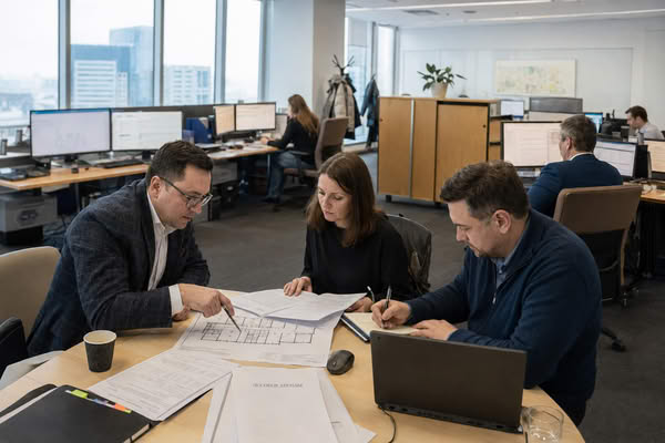 Представители компании обсуждают продление аренды офиса в Москве за рабочим столом