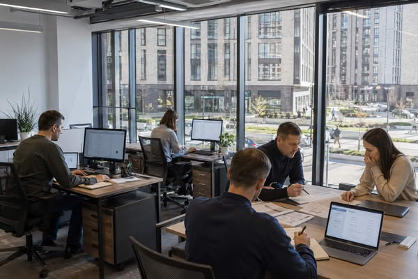Современный офис в жилом комплексе Москвы с сотрудниками за работой и видом на жилую застройку