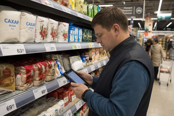 Сотрудник супермаркета сверяет ценники на продукты с данными на планшете на фоне товарных полок
