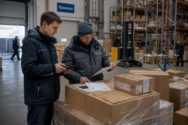 Сотрудники на складе сверяют поставку и накладные при приемке товара с отсрочкой платежа поставщику
