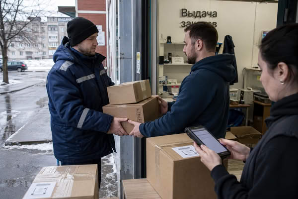 Курьер передаёт посылки в пункте выдачи заказов в небольшом российском городе — региональная e-commerce-логистика