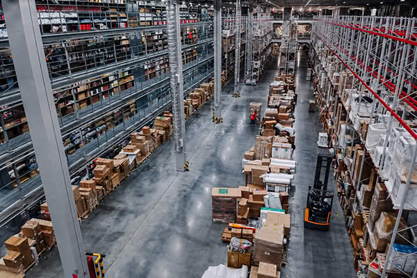 Складской комплекс e-commerce с товарными стеллажами и заказами для распределённой логистики Ozon в Сибири