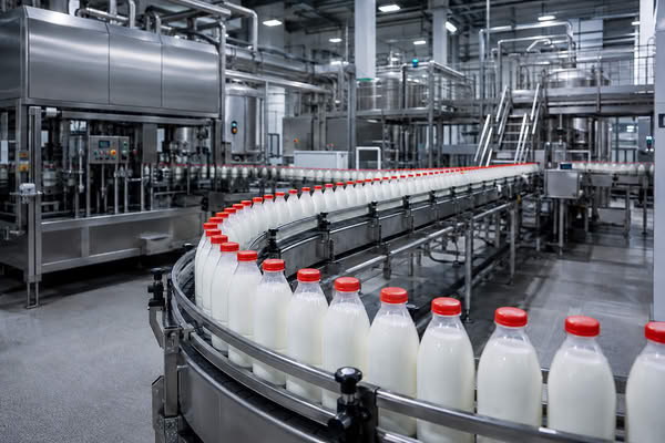 Линия розлива молочной продукции на заводе с конвейером и промышленным оборудованием