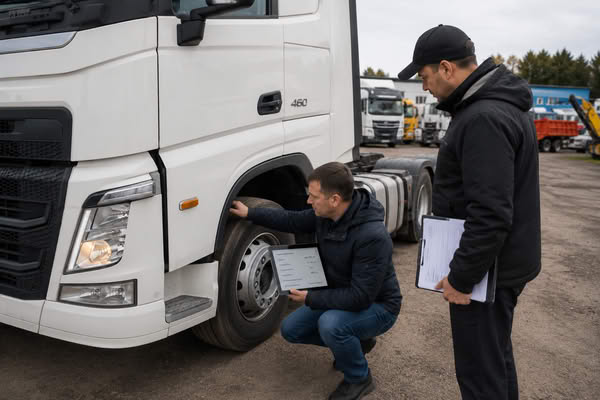 Осмотр грузового автомобиля перед покупкой: специалист проверяет состояние техники и сверяет данные на планшете