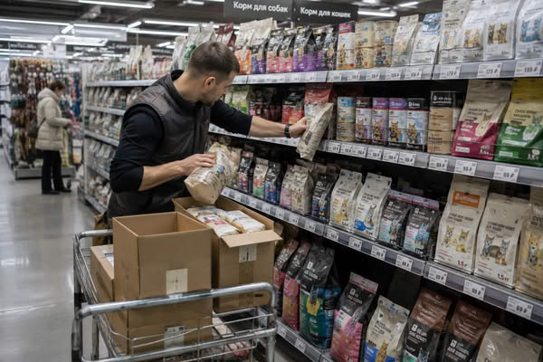 Сотрудник зоомагазина пополняет полки с кормами для животных в торговом зале