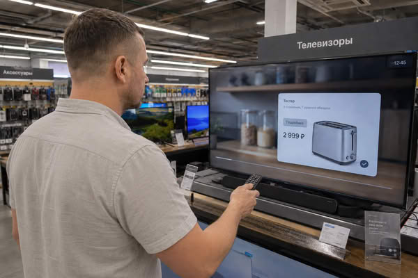 Покупатель управляет товарным предложением на Smart TV в магазине электроники