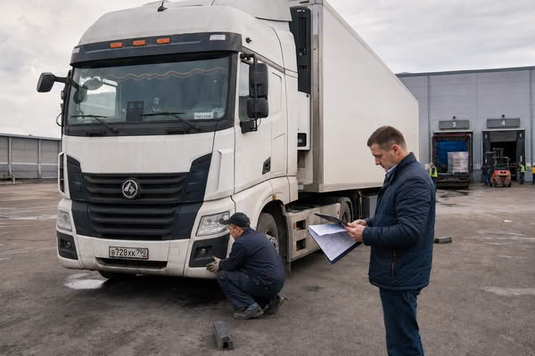 Предрейсовый осмотр грузовика перед автомобильной грузоперевозкой на территории логистического терминала