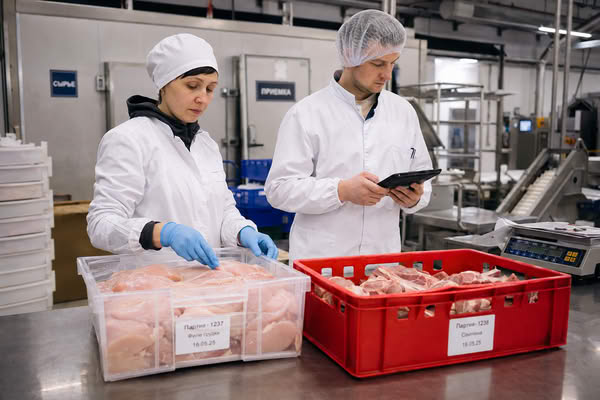 Технолог и специалист по закупкам проверяют партии куриного и свиного сырья на мясоперерабатывающем предприятии