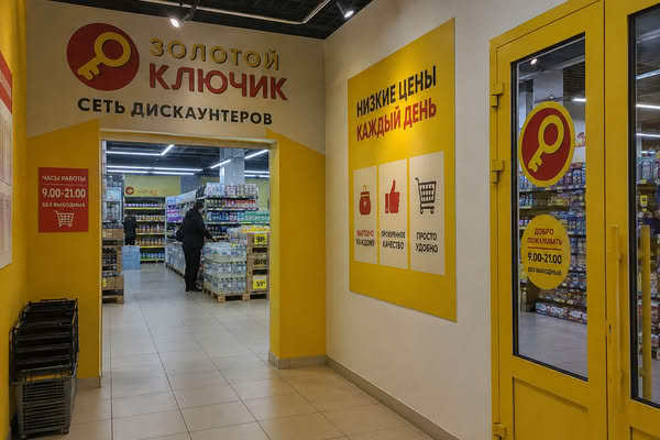 Вход в магазин жесткого дискаунтера «Золотой ключик» с торговым залом и паллетной выкладкой товаров