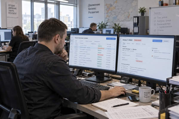 Логист работает с системой автоматизации распределения перевозок в транспортном отделе