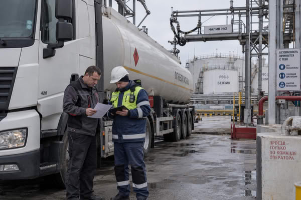 Сотрудники проверяют документы у бензовоза перед отгрузкой топлива на нефтебазе