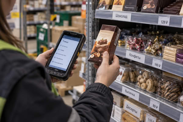 Сотрудник e-grocery сверяет сладости на товарной полке с данными терминала для контроля ассортимента и запасов