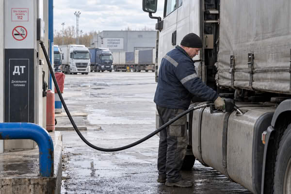 Водитель заправляет дизельным топливом грузовой автомобиль на территории транспортного предприятия