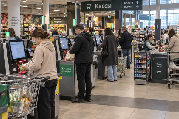 Покупатели используют кассы самообслуживания рядом с традиционными кассами в продуктовом супермаркете