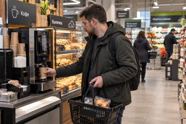 Покупатель наливает кофе в продуктовом магазине рядом с витриной выпечки; в корзине лежит упакованная булочка.